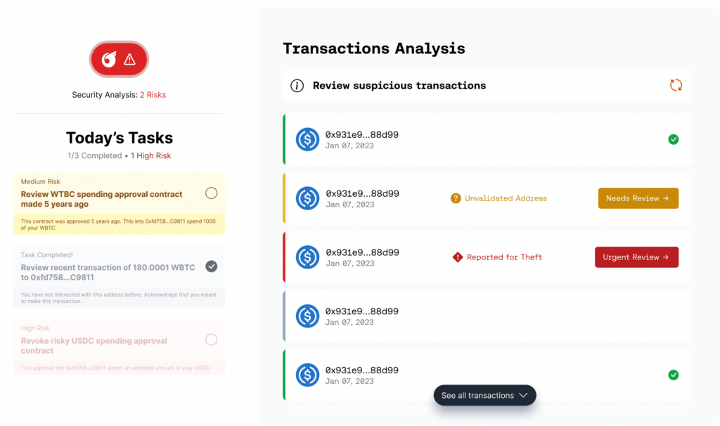 Screenshot of a Harpie Wallet Monitoring Transactions analysis, showing 3 suggested tasks to improve the security of a specific wallet and two suspicious transactions in need of review, each prioritized by risk level.