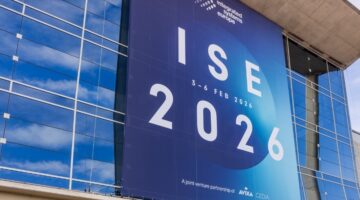 Exterior banner at Fira Barcelona Gran Via displaying “Integrated Systems Europe (ISE) 2026,” with event dates February 3–6, 2026, promoting the global AV and systems integration trade show in Barcelona.