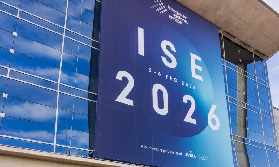 Exterior banner at Fira Barcelona Gran Via displaying “Integrated Systems Europe (ISE) 2026,” with event dates February 3–6, 2026, promoting the global AV and systems integration trade show in Barcelona.